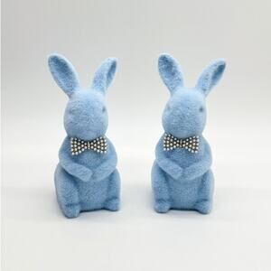 Bella Lux Blue Flocked Easter Bunny Set of 2 Bunnies W/ Pearl Bow Tie NEW